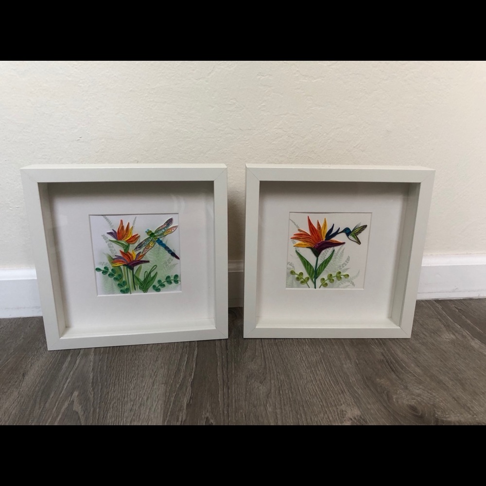 Set Of 2 Dragonfly & Bird Quilling Art With Frame